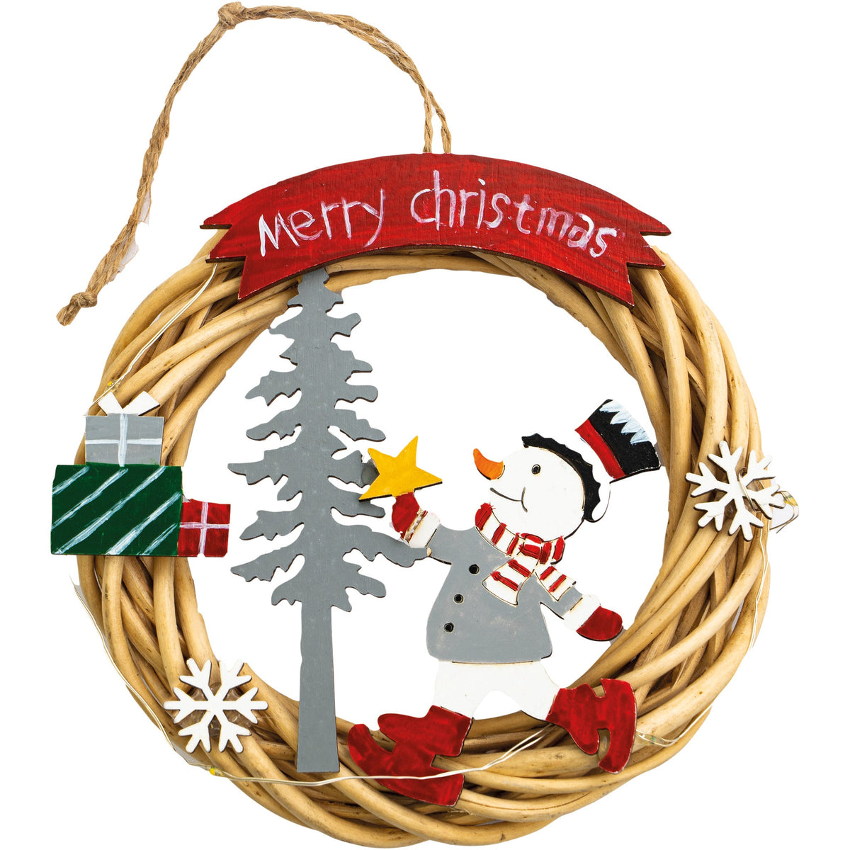St Helens Snowman Battery-Powered Wicker Christmas Wreath – Festive Indoor Decoration_Christmas Wreaths