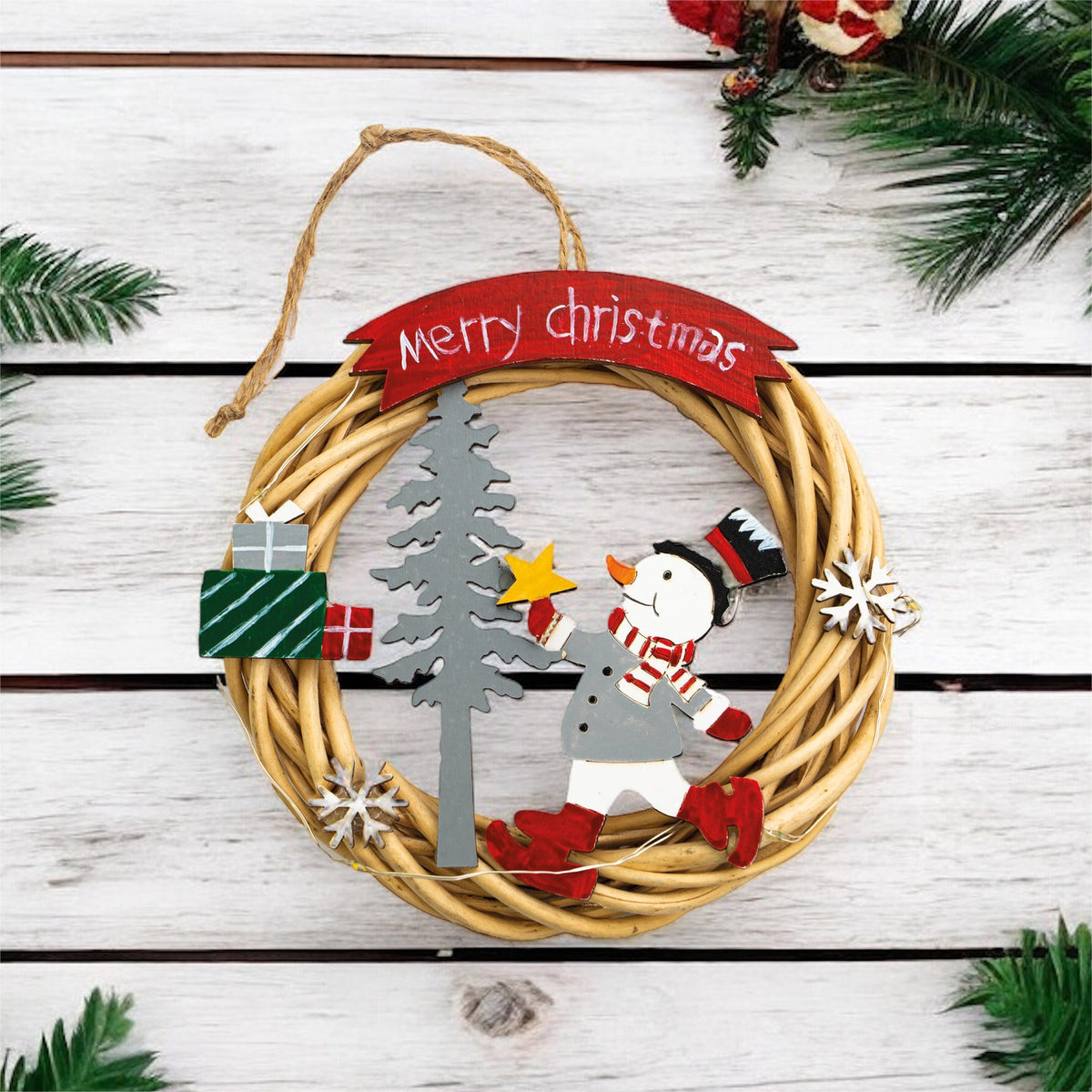 St Helens Snowman Battery-Powered Wicker Christmas Wreath – Festive Indoor Decoration_Christmas Wreaths