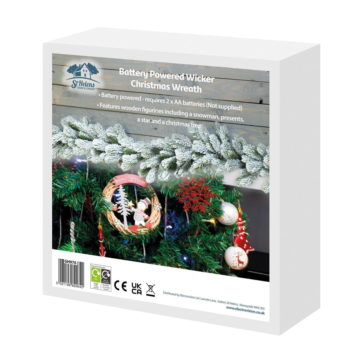 St Helens Snowman Battery-Powered Wicker Christmas Wreath – Festive Indoor Decoration_Christmas Wreaths