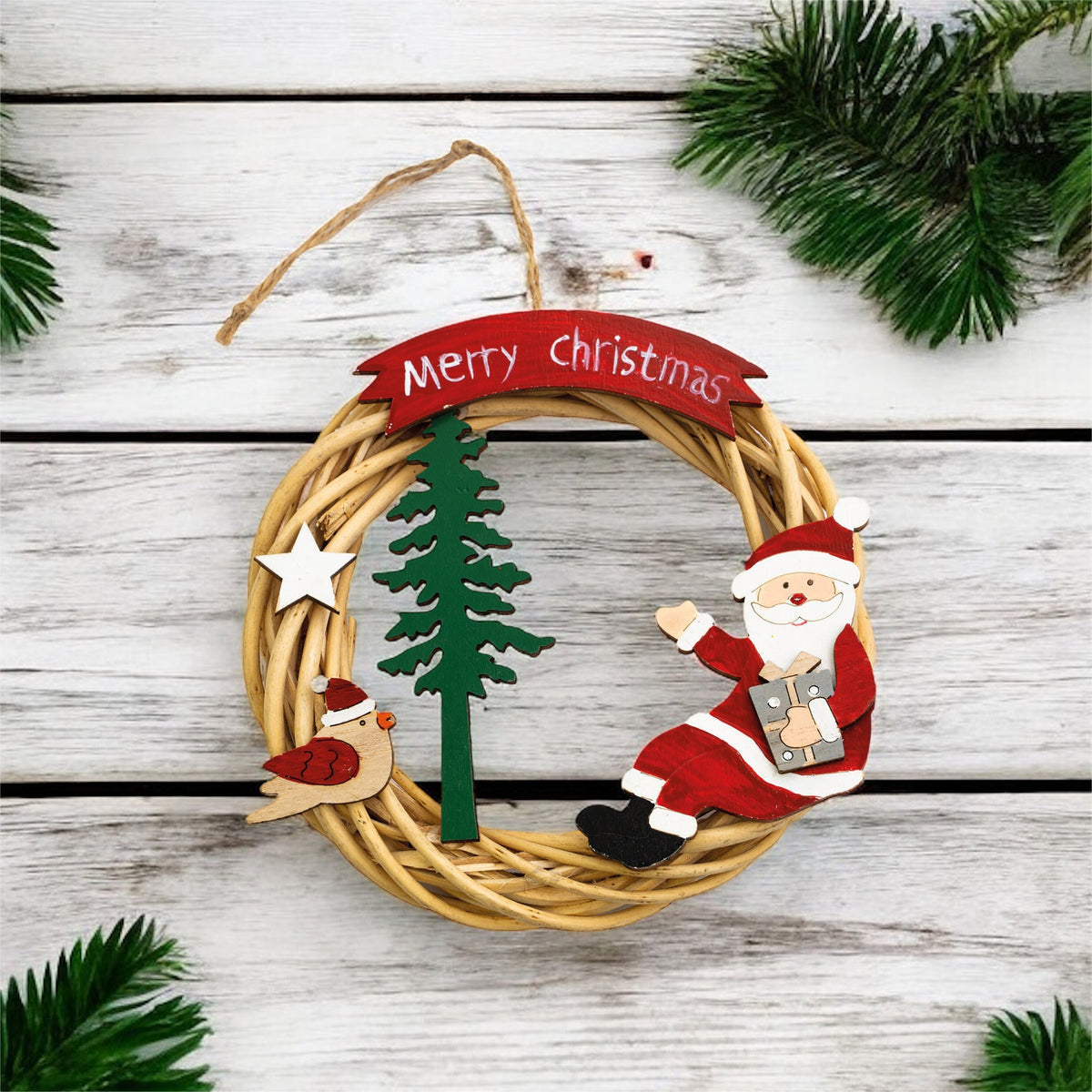St Helens Santa Battery-Powered Wicker Christmas Wreath – Festive Indoor Decoration_Christmas Wreaths