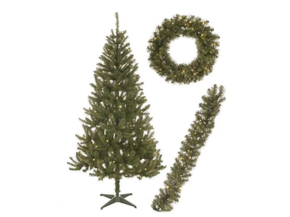Pre-lit Christmas Tree, Wreath and Garland Set with Warm White LED Lig ...