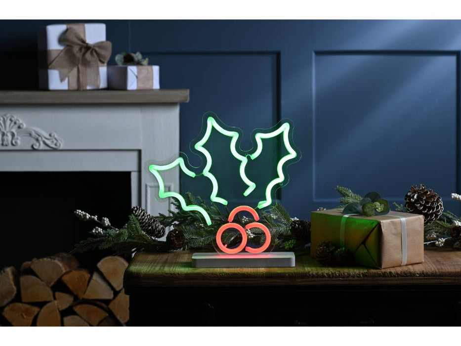 Holly / Berries on Base Neon Flex - multicolour 30cm x 29cm - Indoor Christmas Decoration_Indoor Christmas Decorations