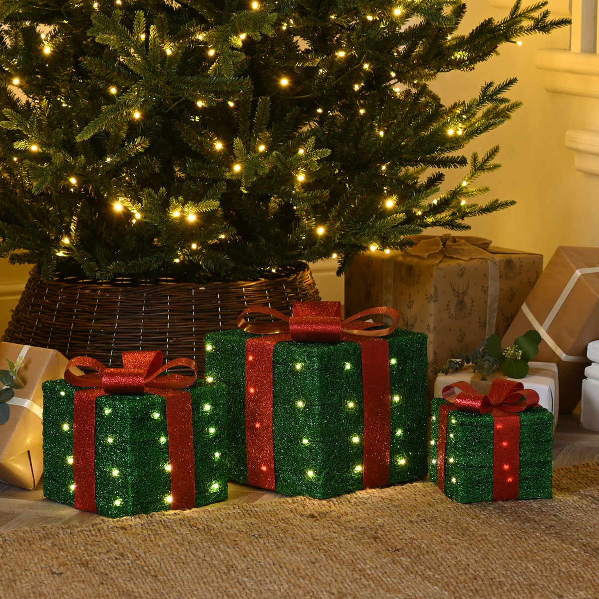 Set of 3 Battery Operated Lit Green Parcels with Red Bow - Warm White LED_Indoor Christmas Decorations