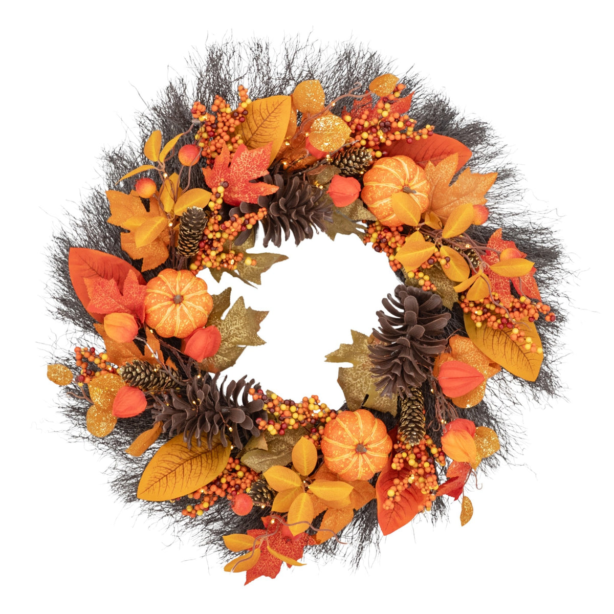 Pumpkin Ember 26" Wreath with 75 Warm White LED Microbulbs and 8 Functions - Battery Operated_Garden Decorations