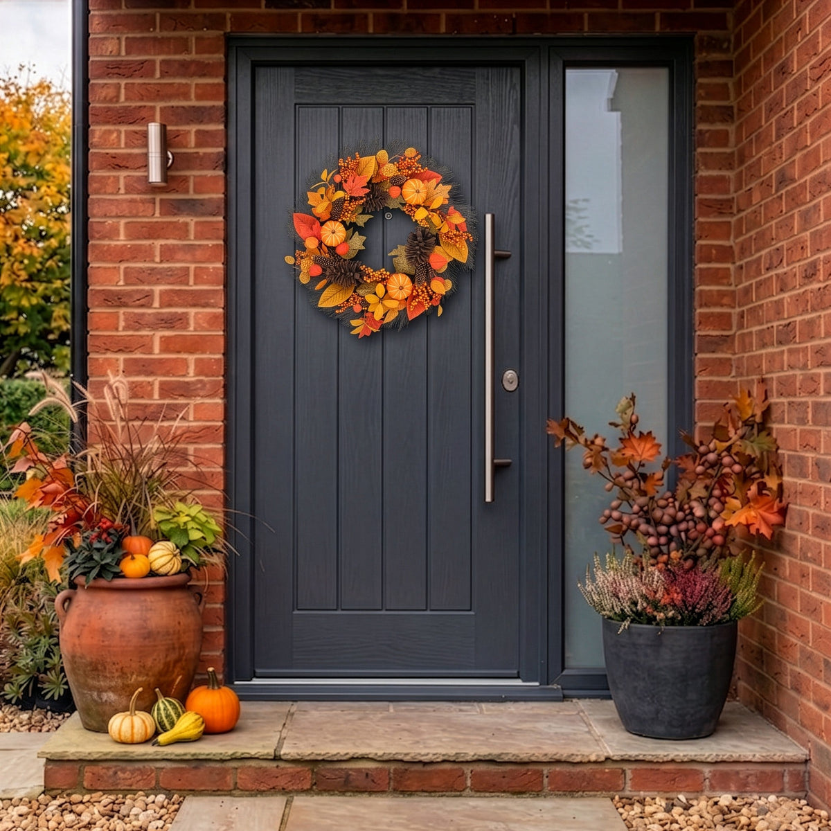Pumpkin Ember 26" Wreath with 75 Warm White LED Microbulbs and 8 Functions - Battery Operated_Garden Decorations