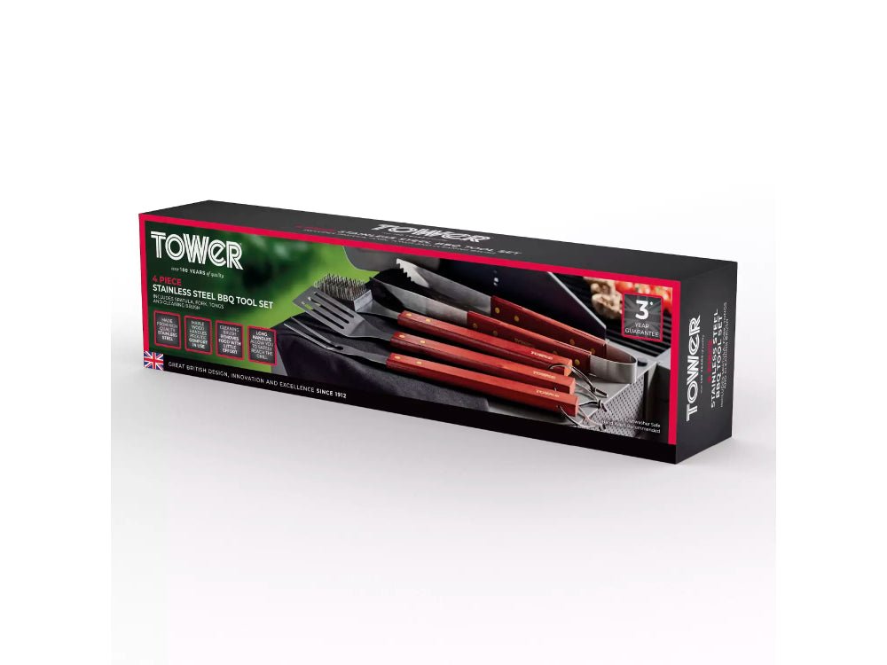 4 Piece Maple Wood BBQ Stainless Steel Tool Set_BBQ Utensils & Accessories