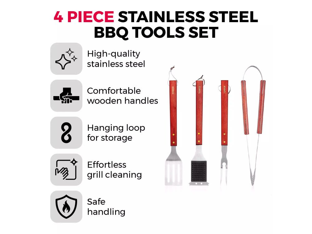 4 Piece Maple Wood BBQ Stainless Steel Tool Set_BBQ Utensils & Accessories
