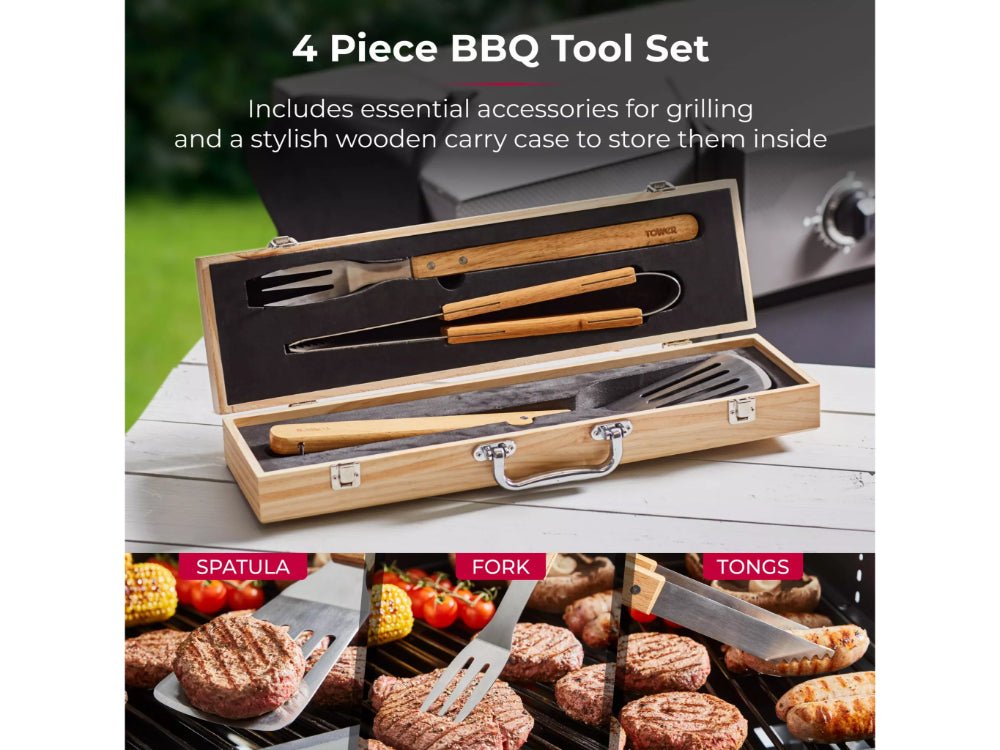 4 Piece Wooden BBQ Tools Set with Box_BBQ Utensils & Accessories