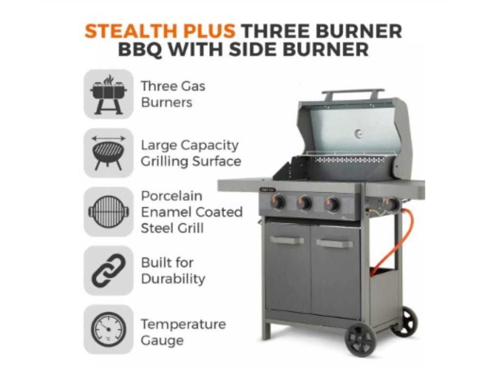 Stealth Plus Three Burner Gas BBQ with Side Burner and Waterproof Cover_BBQs