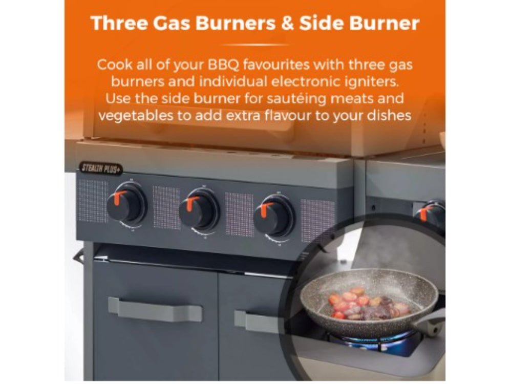 Stealth Plus Three Burner Gas BBQ with Side Burner and Waterproof Cover_BBQs