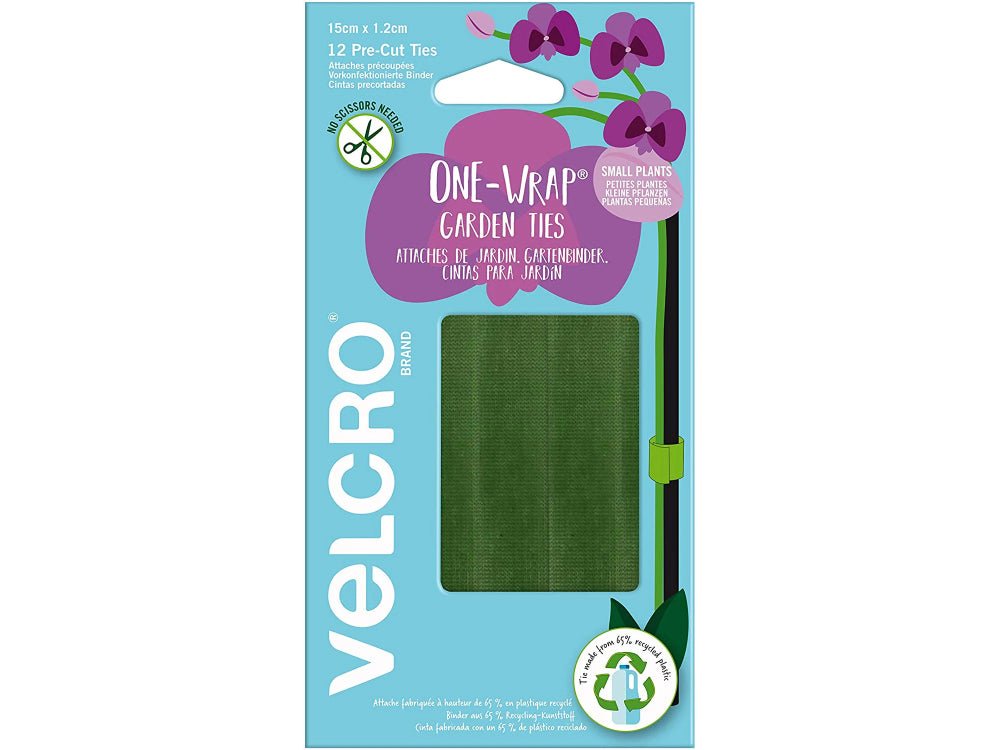 VELCRO® Brand ONE - WRAP® Garden Ties - Starter Pack for Tomatoes, Vines or Houseplants 12pcs, Pre - Cut, 15cm x 1.2cm, Green, Recycled Plastic_Strings & Ties