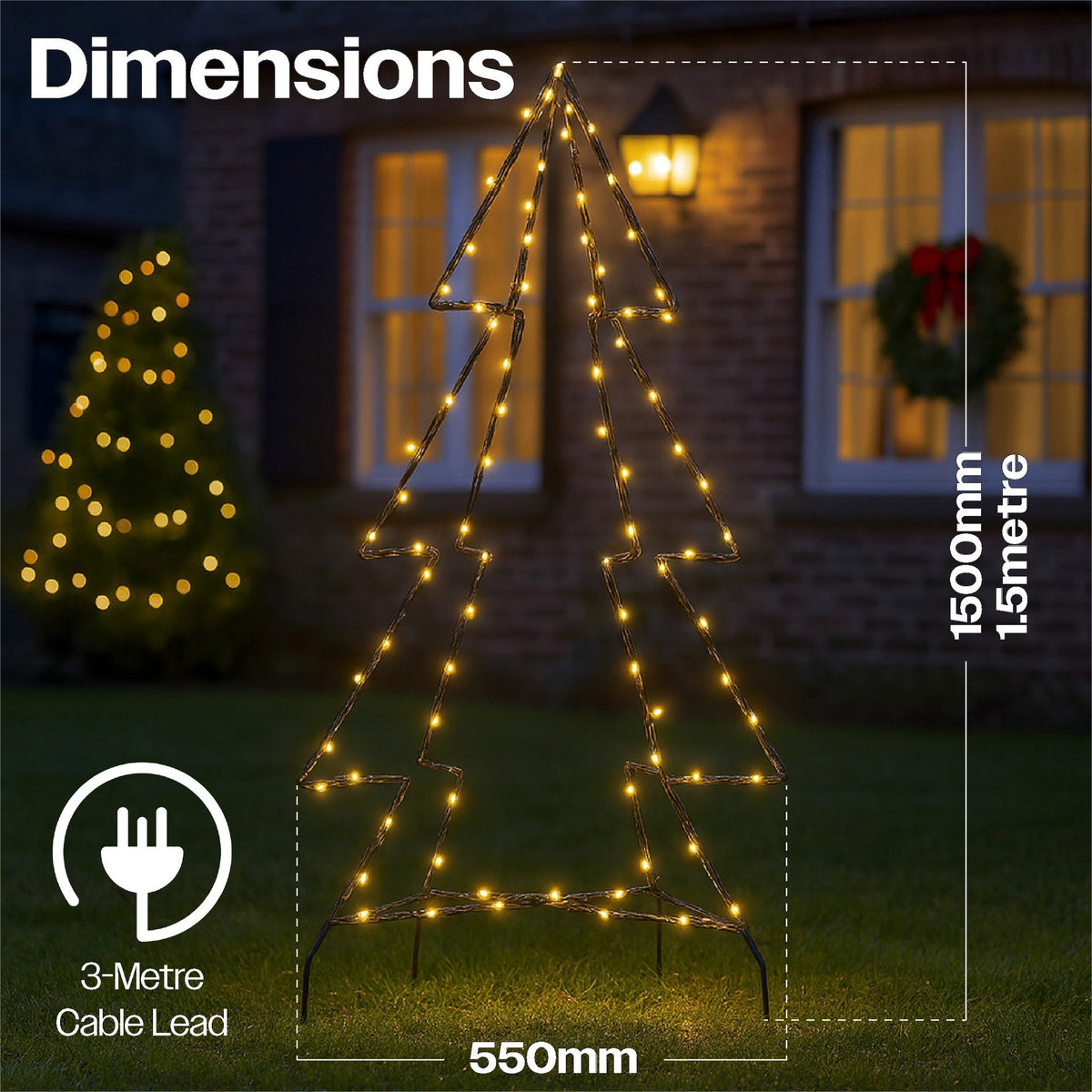 Xmas Haus 3D LED Christmas Tree – 1.5m Black Frame with 240 Warm White LEDs, Timer Function, Outdoor Festive Decoration_Artificial Christmas Trees