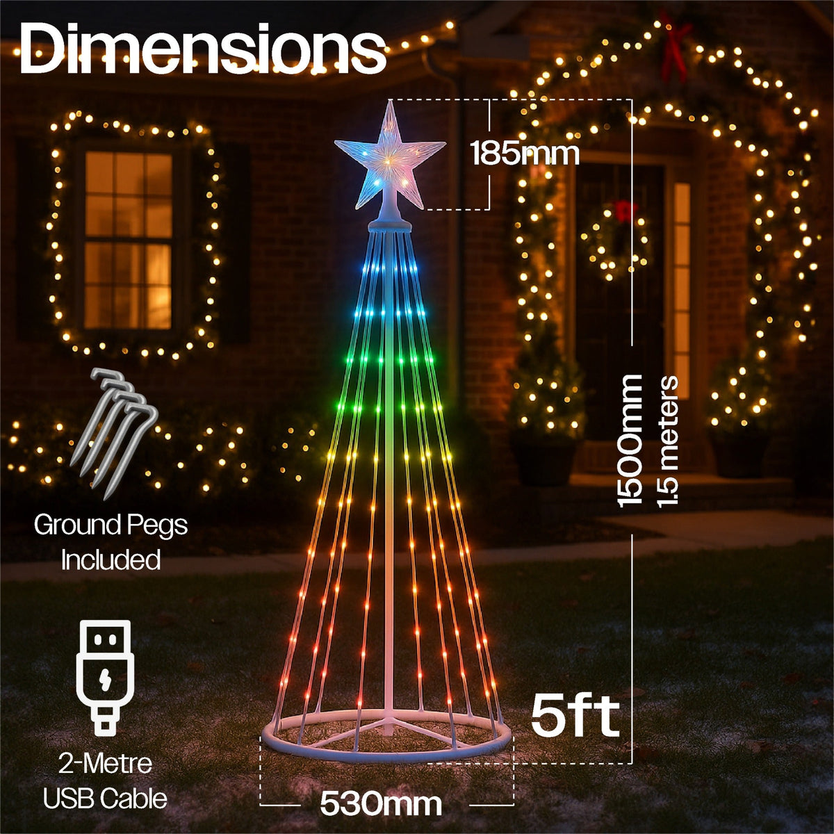 Xmas Haus 3D 1.5m RGB LED Pre-Lit Smart Christmas Tree – 202 LEDs, Remote & App Controlled, USB Powered, Indoor & Outdoor Use_Artificial Christmas Trees