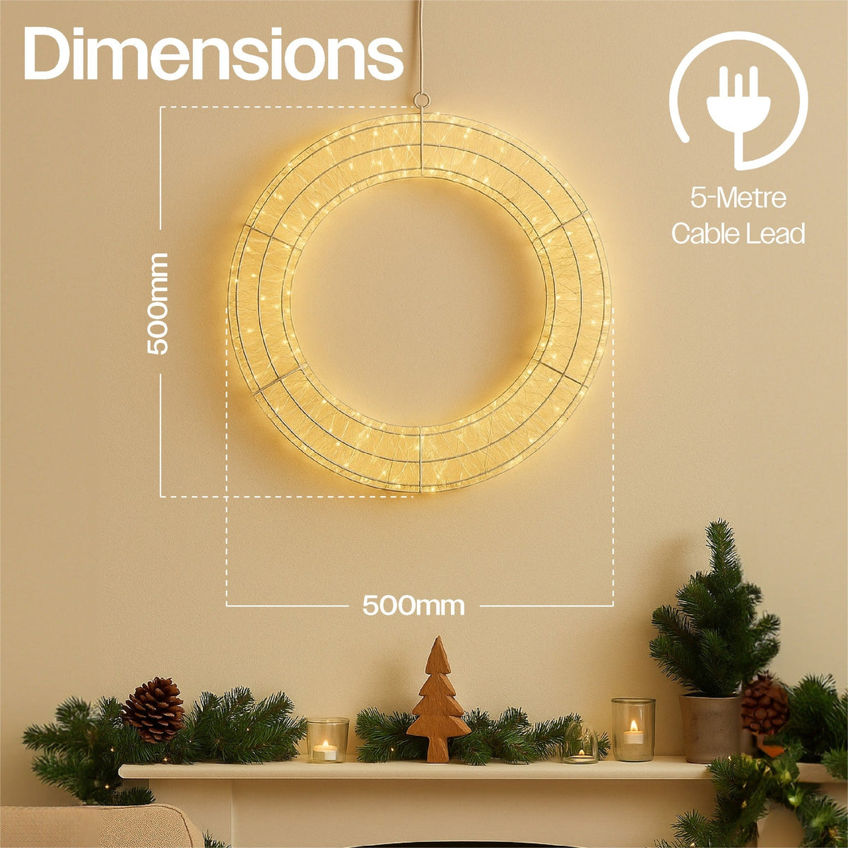 Xmas Haus 2D LED Wreath – Warm or Cool White LEDS – Available in 50cm & 70cm – Indoor/Outdoor Use_Christmas Lights