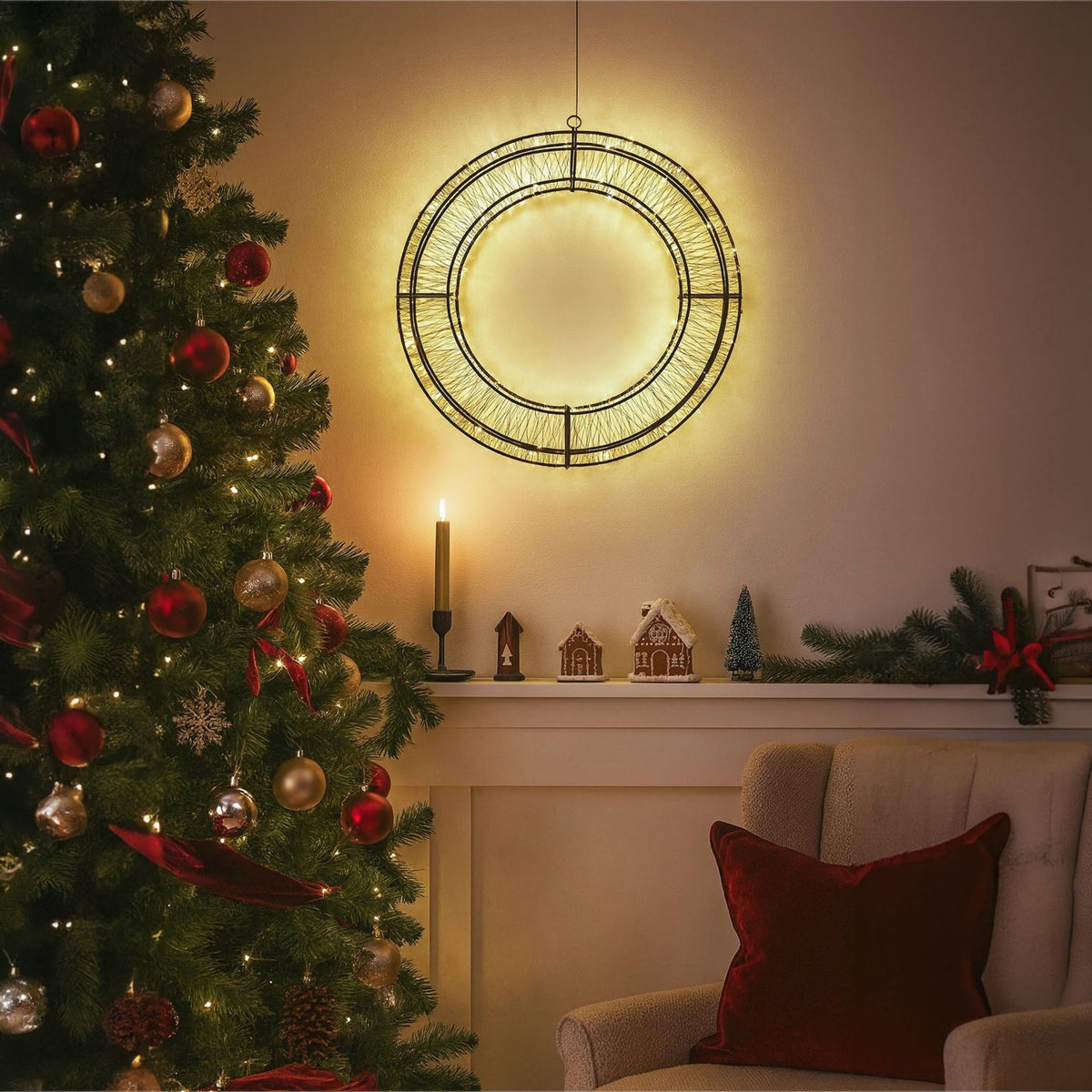 Xmas Haus LED Wreath with Twinkling Warm White LEDs – 38cm, 50cm, or 58cm – Indoor & Outdoor Use_Christmas Lights