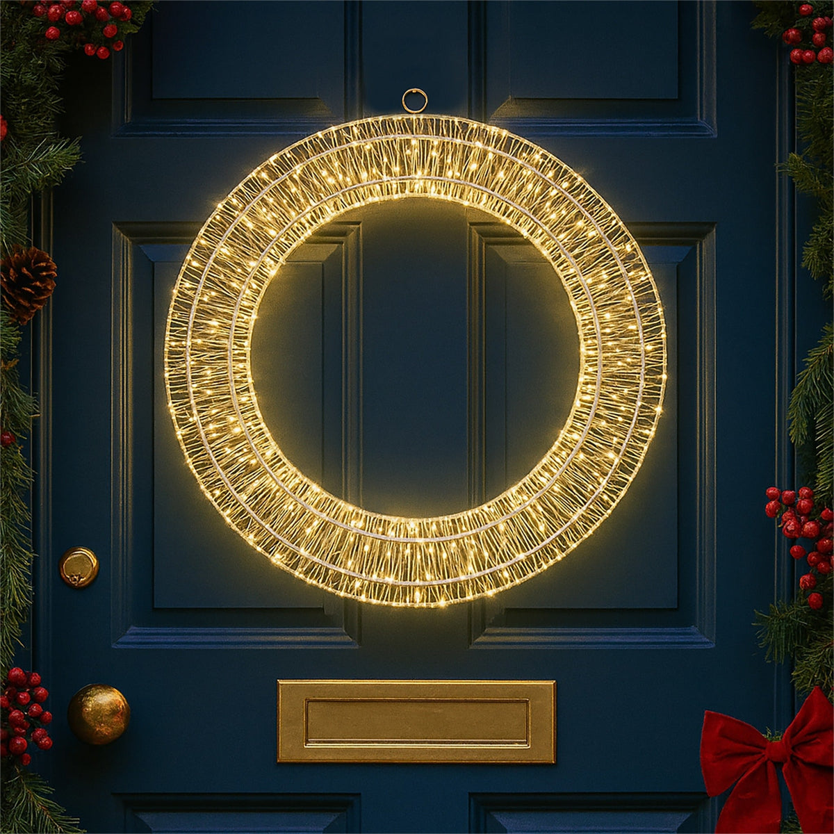 Xmas Haus 50cm LED Circular Wreath – 1440 Warm White LEDs, White Wire Frame, Indoor & Outdoor Decor with Timer_Christmas Lights