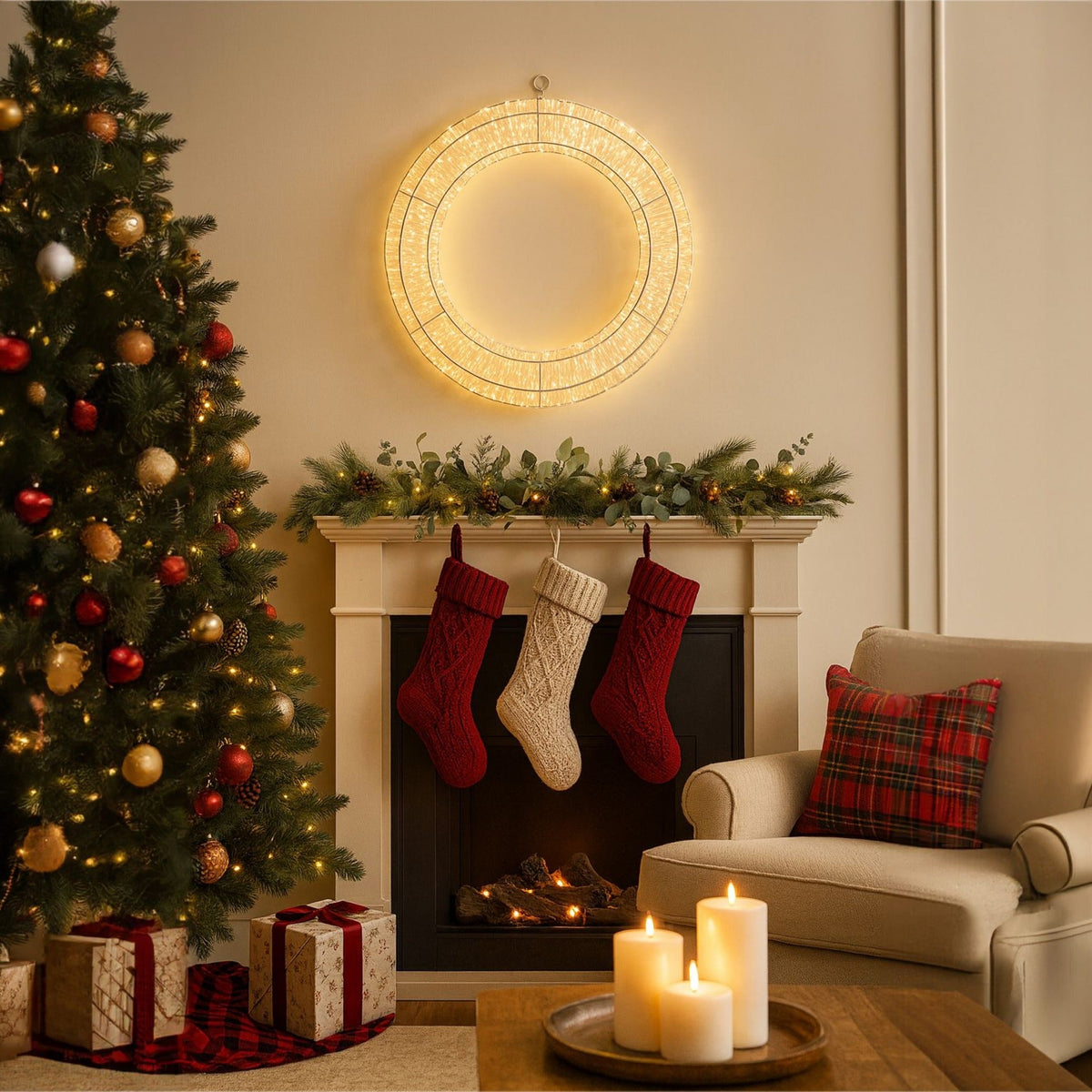 Xmas Haus 50cm LED Circular Wreath – 1440 Warm White LEDs, White Wire Frame, Indoor & Outdoor Decor with Timer_Christmas Lights