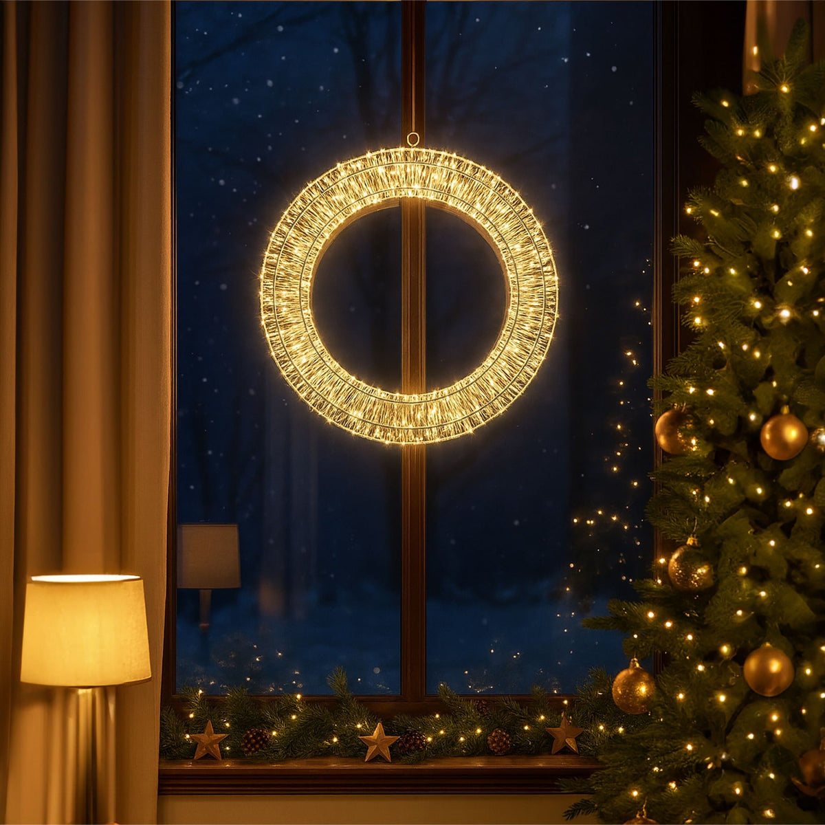 Xmas Haus 50cm LED Circular Wreath – 1440 Warm White LEDs, White Wire Frame, Indoor & Outdoor Decor with Timer_Christmas Lights