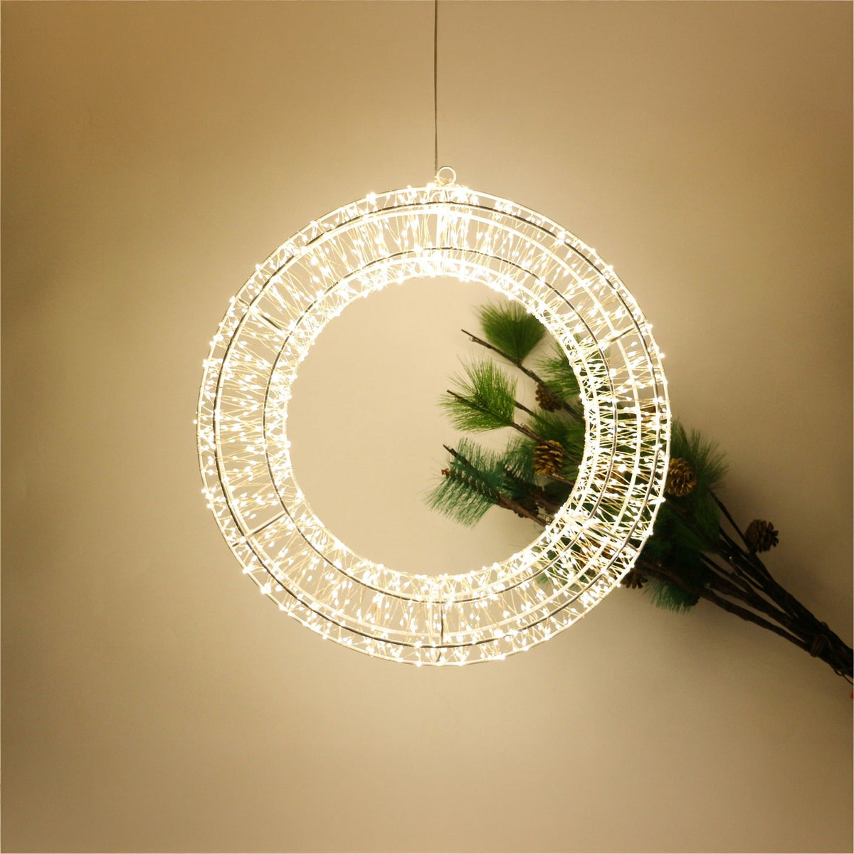 Xmas Haus 50cm LED Circular Wreath – 1440 Warm White LEDs, White Wire Frame, Indoor & Outdoor Decor with Timer_Christmas Lights