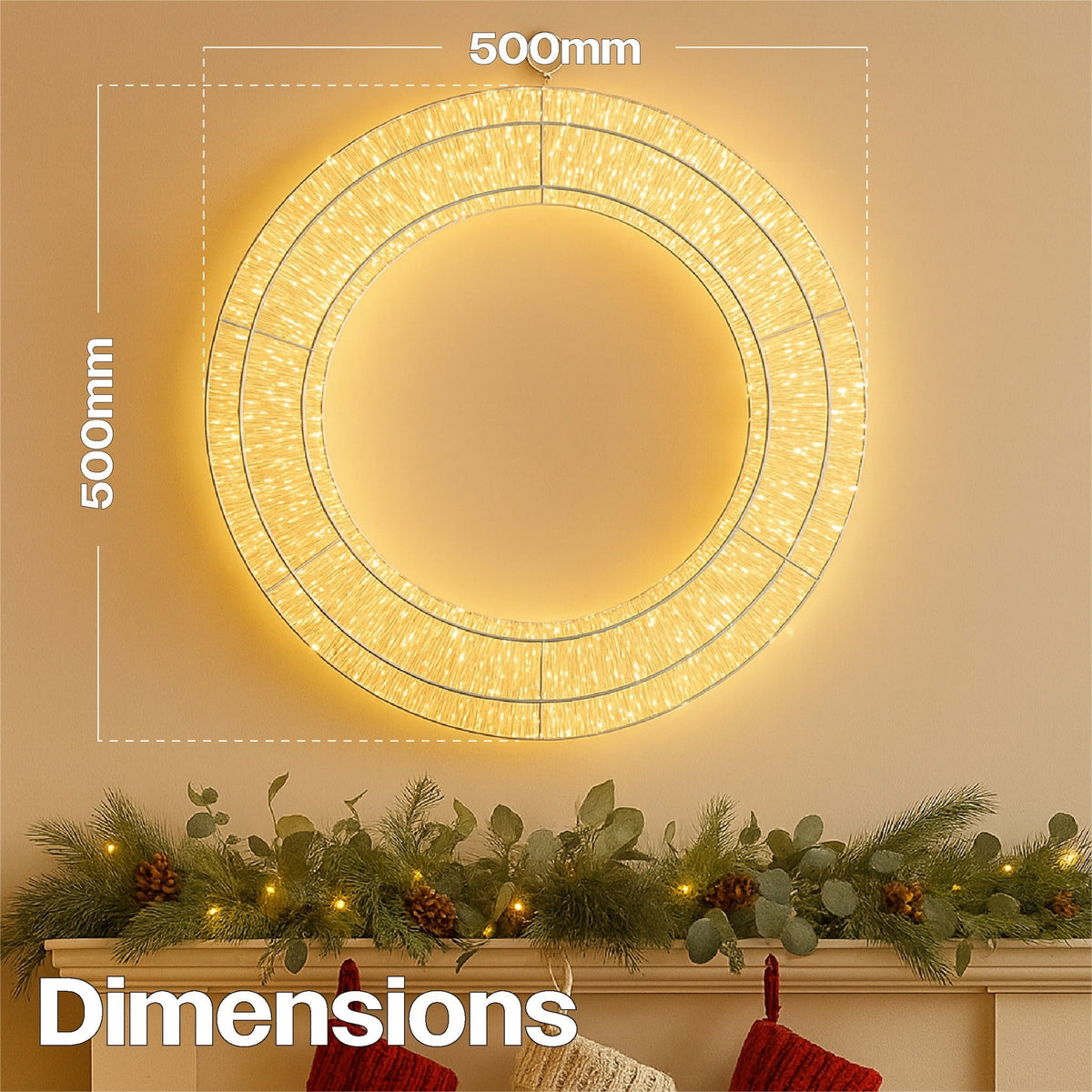 Xmas Haus 50cm LED Circular Wreath – 1440 Warm White LEDs, White Wire Frame, Indoor & Outdoor Decor with Timer_Christmas Lights