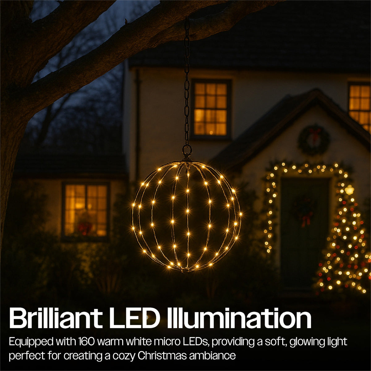 Xmas Haus Warm White LED Spheres – Black Frame, Timer Function, Versatile Hanging for Indoor & Outdoor Festive Decoration_Christmas Lights