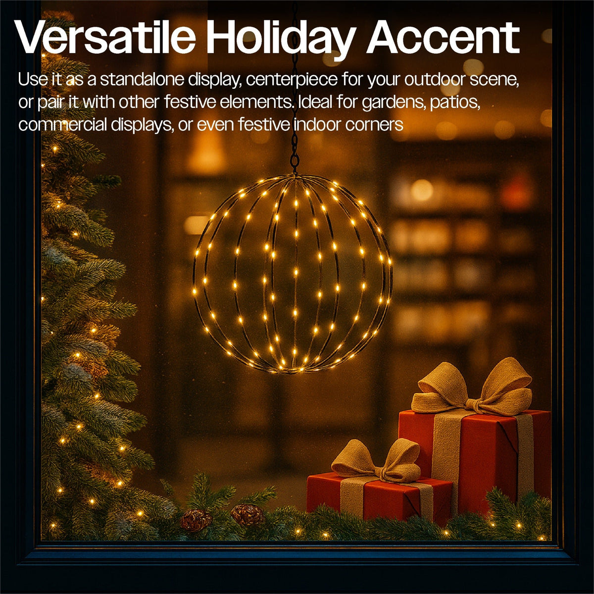 Xmas Haus Warm White LED Spheres – Black Frame, Timer Function, Versatile Hanging for Indoor & Outdoor Festive Decoration_Christmas Lights