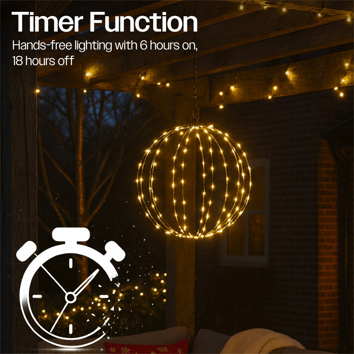 Xmas Haus Warm White LED Spheres – Black Frame, Timer Function, Versatile Hanging for Indoor & Outdoor Festive Decoration_Christmas Lights