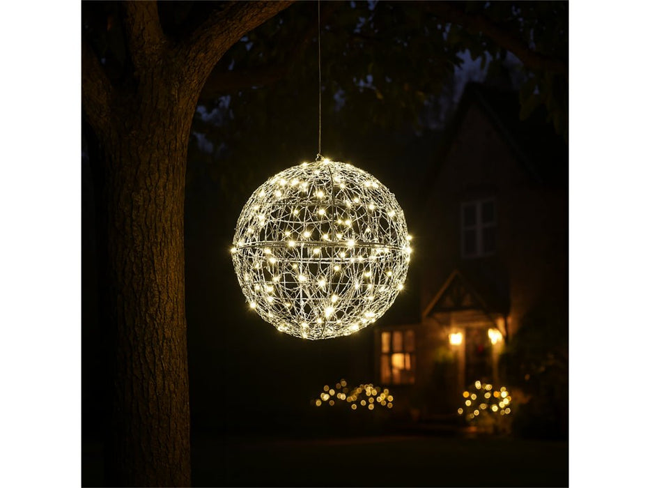 Xmas Haus Silver Christmas Hanging Ball 30cm 160 Warm White LEDS_Outdoor Christmas Decorations