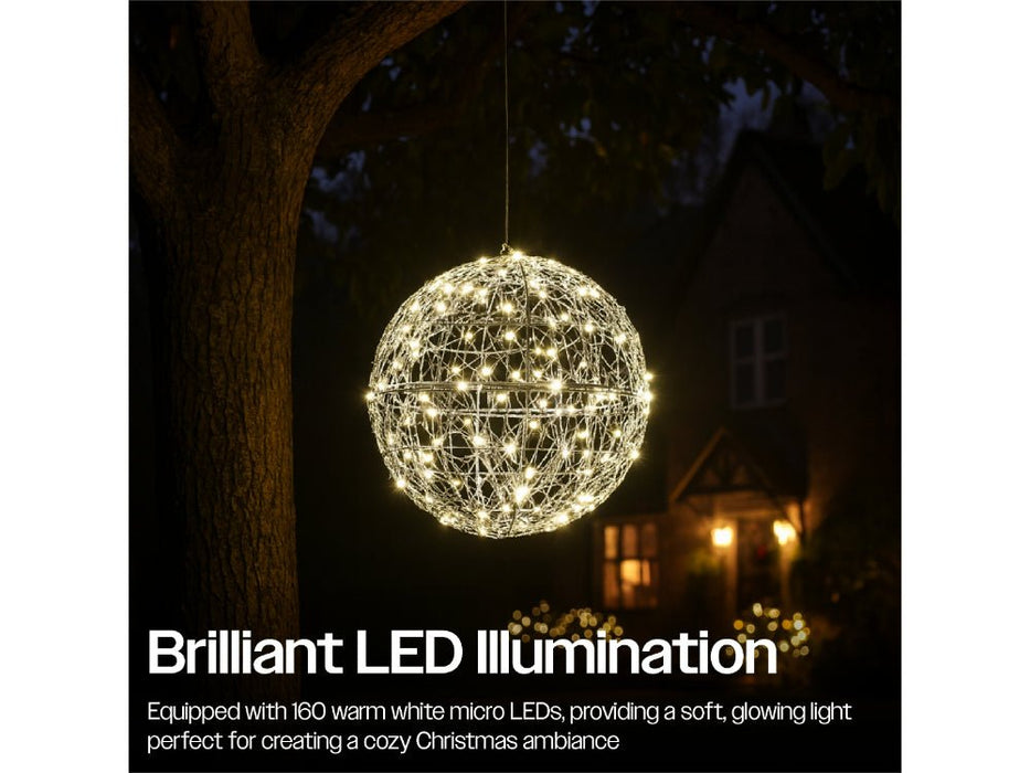 Xmas Haus Silver Christmas Hanging Ball 30cm 160 Warm White LEDS_Outdoor Christmas Decorations