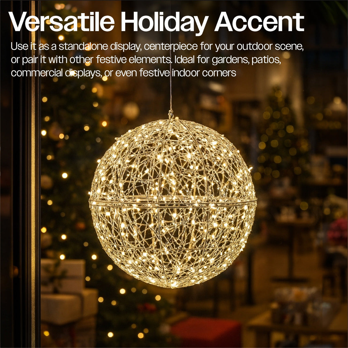 Xmas Haus Silver Christmas Hanging Ball – 30cm with 160 Warm White LEDs for Festive Decoration_Outdoor Christmas Decorations