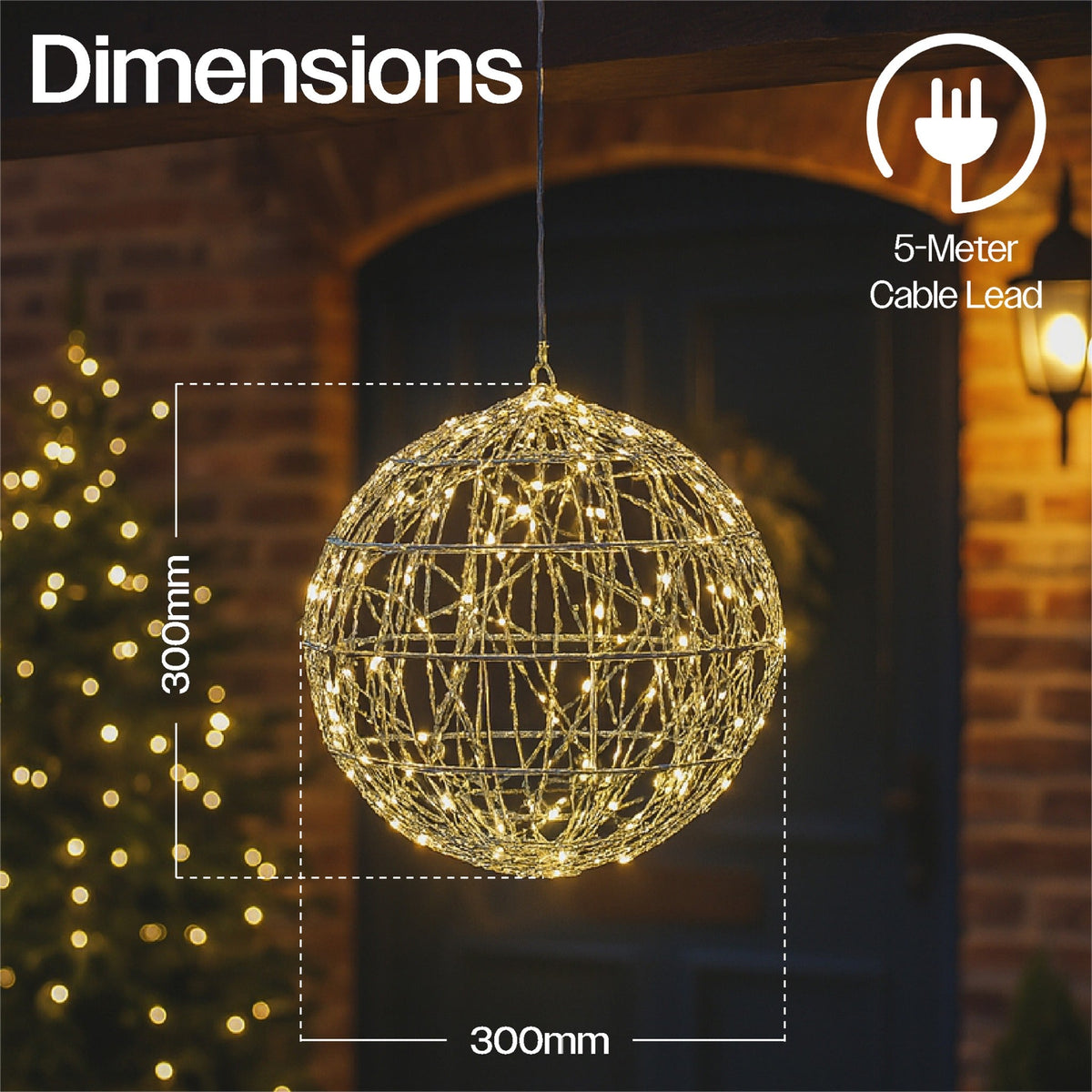 Xmas Haus Silver Christmas Hanging Ball – 30cm with 160 Warm White LEDs for Festive Decoration_Outdoor Christmas Decorations