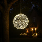 Xmas Haus Silver Christmas Hanging Ball – 30cm with 160 Warm White LEDs for Festive Decoration_Outdoor Christmas Decorations