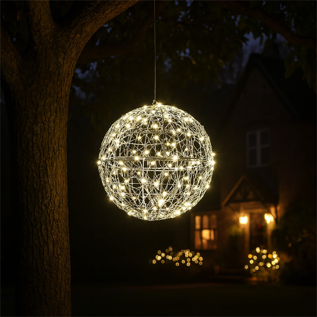 Xmas Haus Silver Christmas Hanging Ball – 30cm with 160 Warm White LEDs for Festive Decoration_Outdoor Christmas Decorations