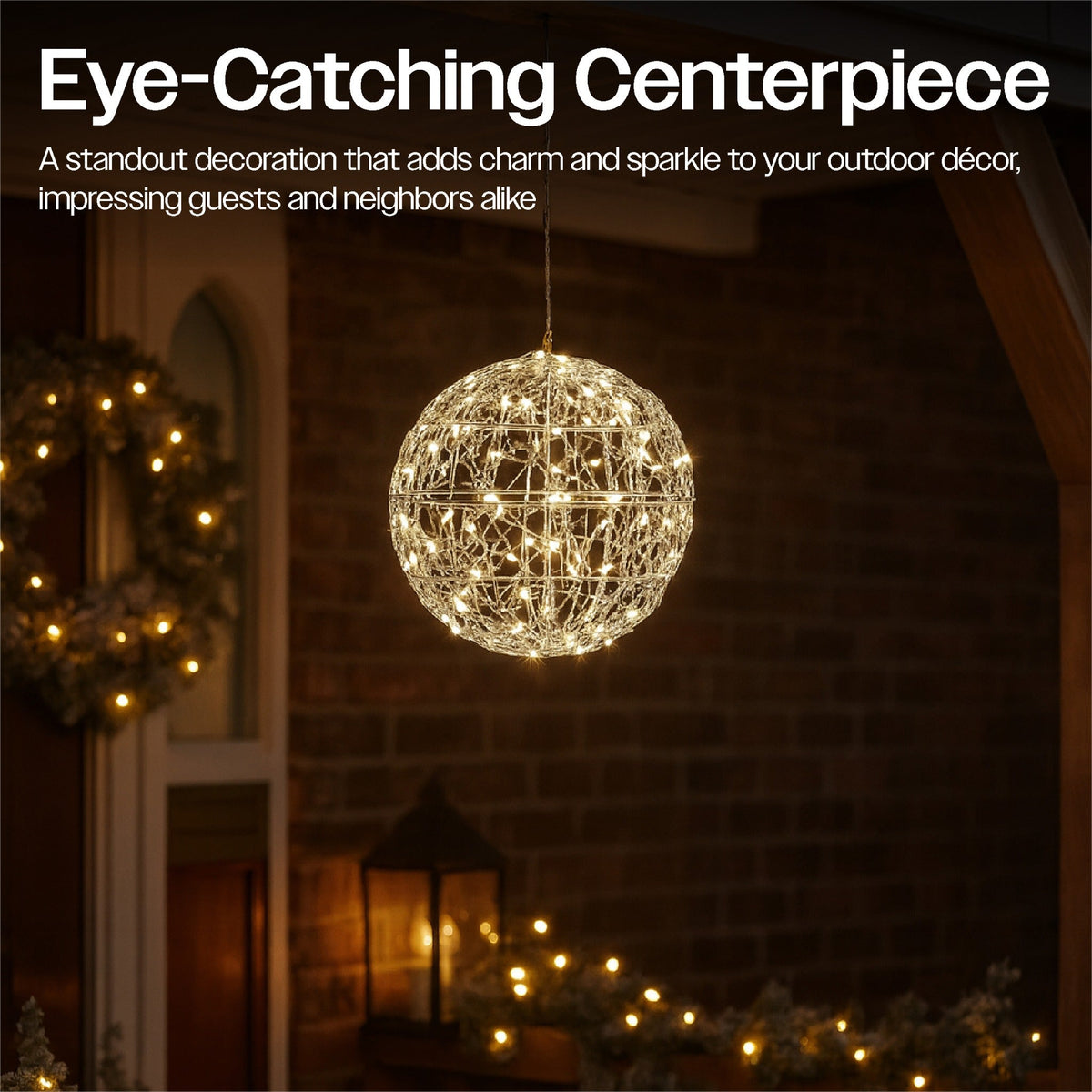 Xmas Haus Silver Christmas Hanging Ball – 30cm with 160 Warm White LEDs for Festive Decoration_Outdoor Christmas Decorations