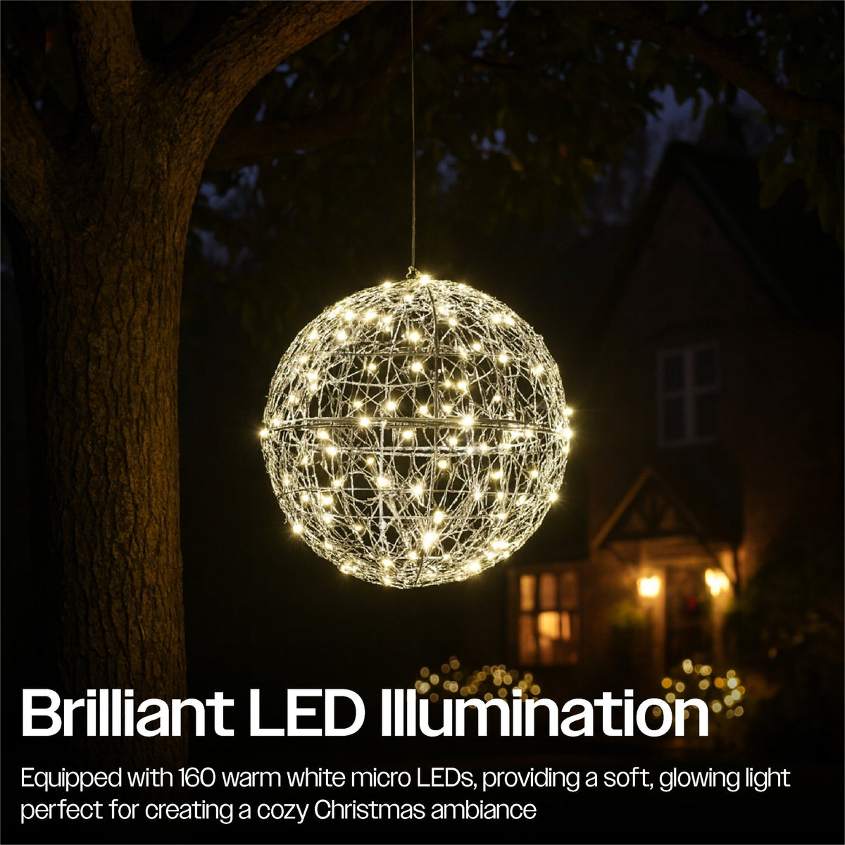 Xmas Haus Silver Christmas Hanging Ball – 30cm with 160 Warm White LEDs for Festive Decoration_Outdoor Christmas Decorations