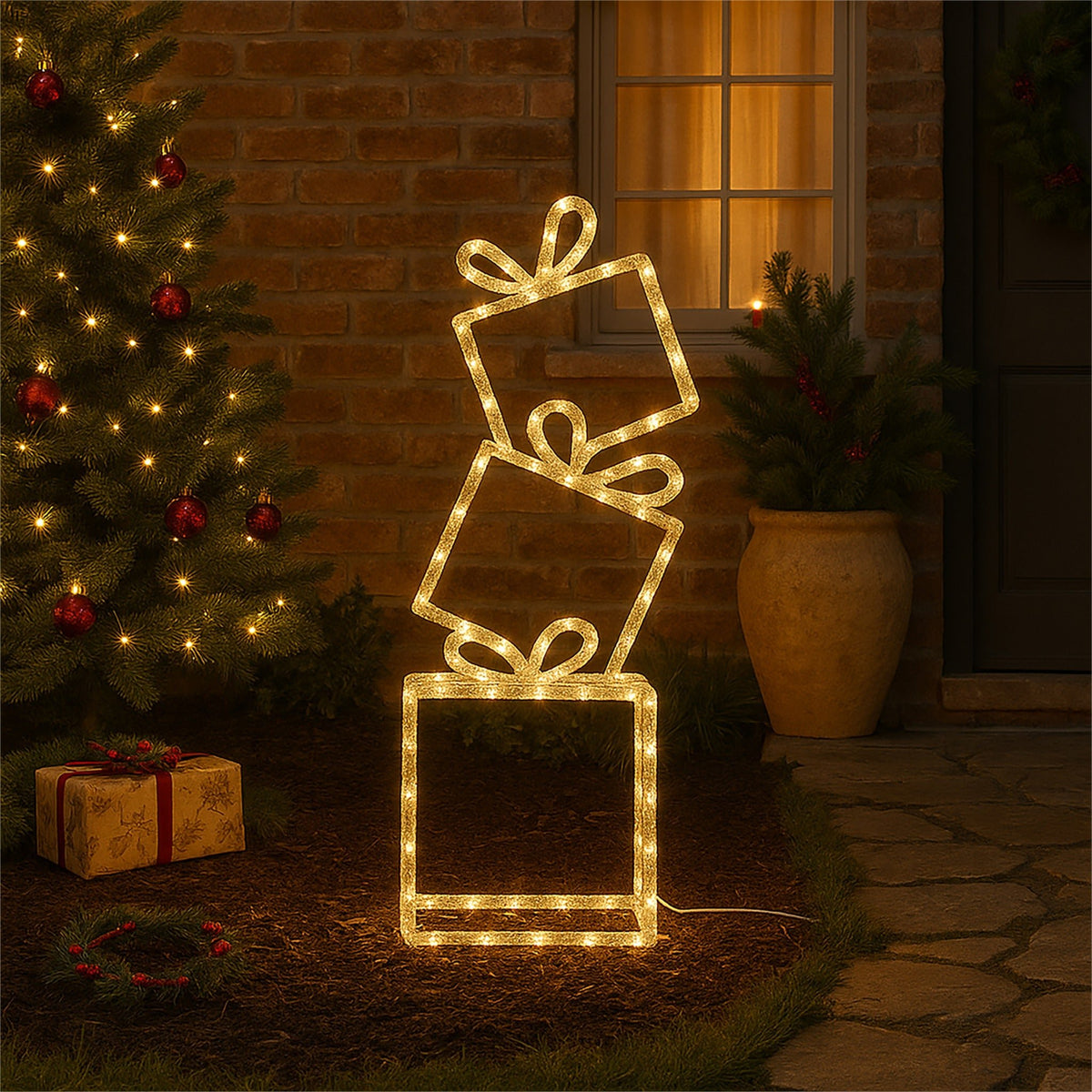Xmas Haus Pre-Lit Stack of 3 Christmas Presents – 40 Warm White LEDs, Outdoor Decoration with Timer and Ground Stakes_Christmas Lights