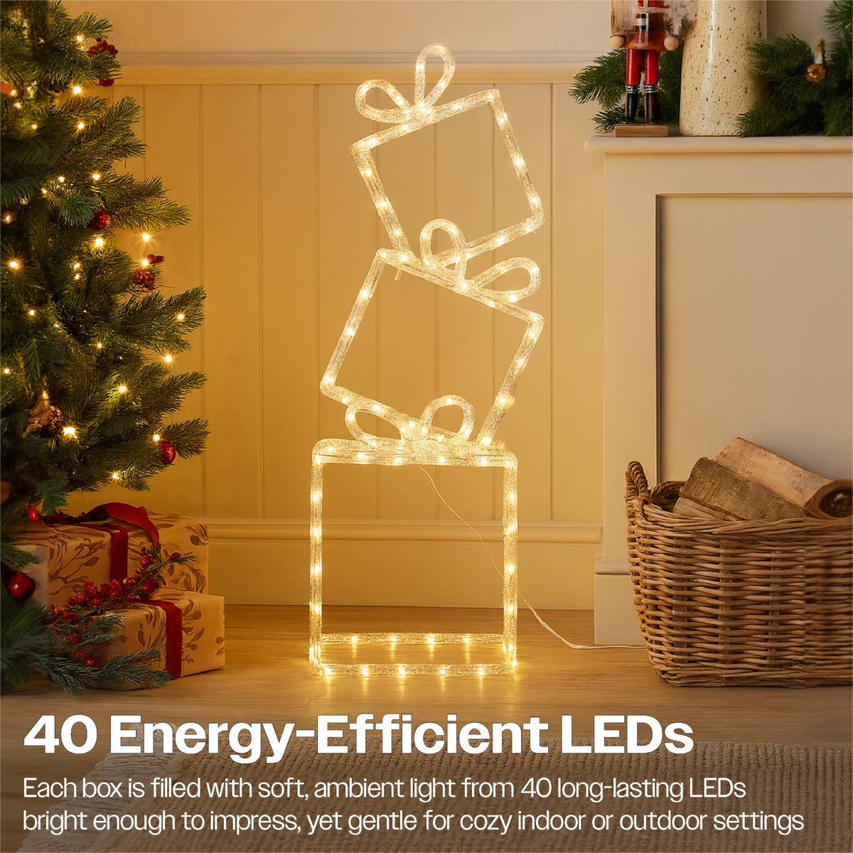 Xmas Haus Pre-Lit Stack of 3 Christmas Presents – 40 Warm White LEDs, Outdoor Decoration with Timer and Ground Stakes_Christmas Lights