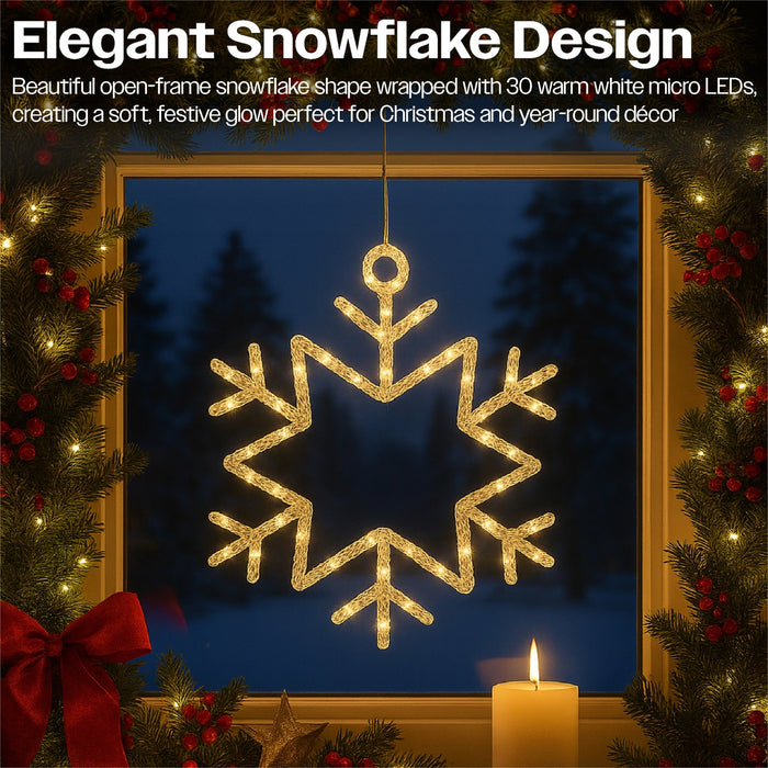 Xmas Haus 25cm LED Snowflake Decorations – Warm White Micro LEDs, Battery Operated with Timer, Indoor & Outdoor_Christmas Lights