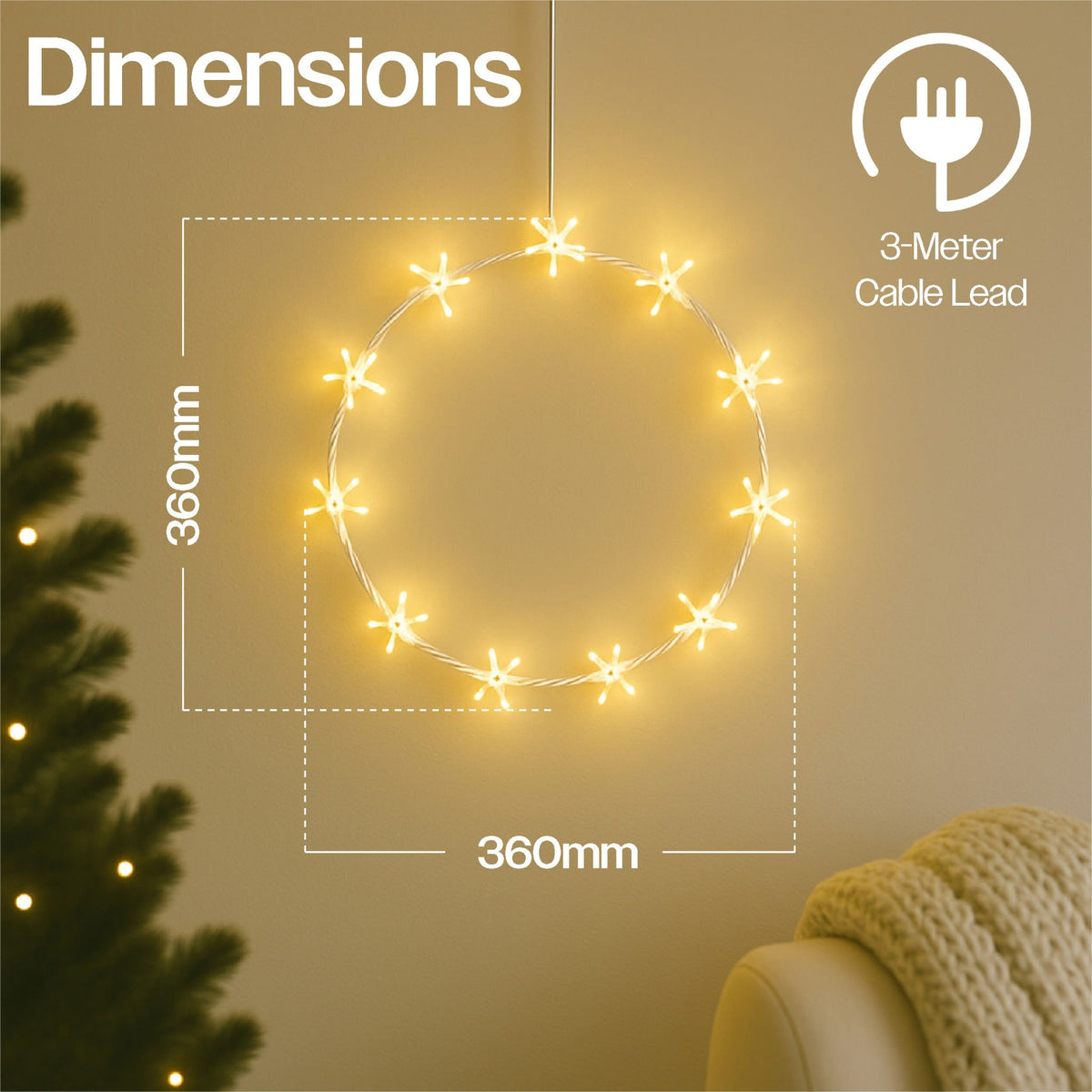 Xmas Haus Warm White LED Metal Christmas Ring – 8 Light Functions, Available in 3 Sizes for Festive Decoration_Outdoor Christmas Decorations