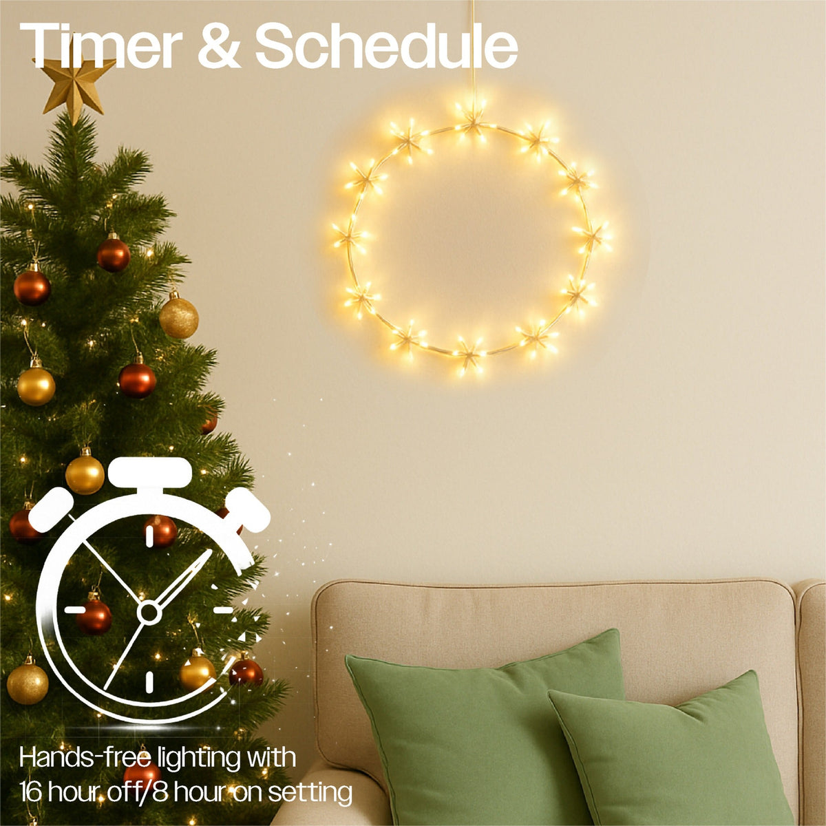Xmas Haus Warm White LED Metal Christmas Ring – 8 Light Functions, Available in 3 Sizes for Festive Decoration_Outdoor Christmas Decorations