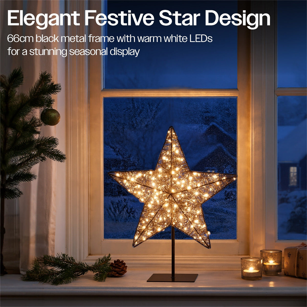 Xmas Haus Christmas Black Metal Star with Stand – Warm White LEDs, Available in 2 Sizes for Festive Decoration_Outdoor Christmas Decorations
