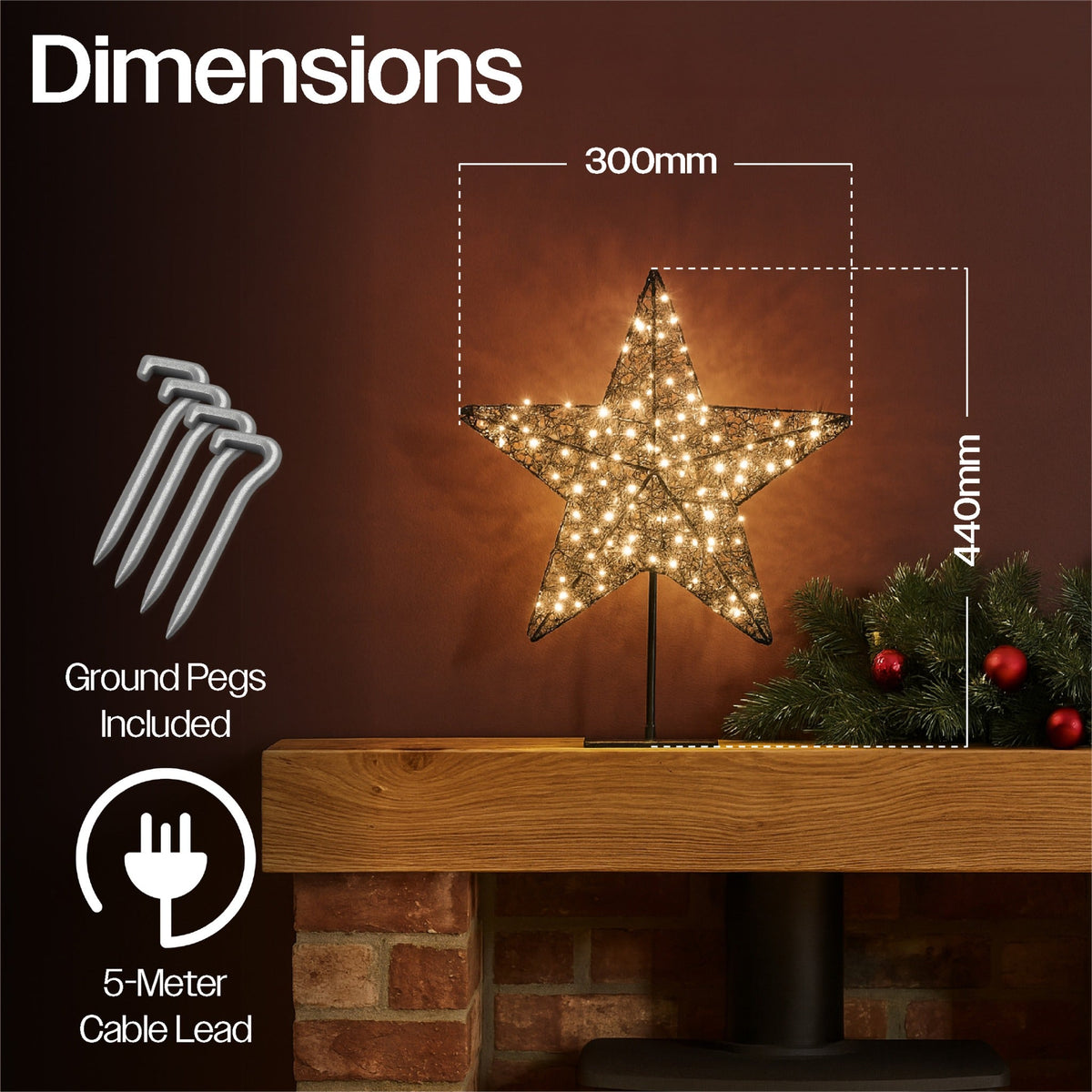 Xmas Haus Christmas Black Metal Star with Stand – Warm White LEDs, Available in 2 Sizes for Festive Decoration_Outdoor Christmas Decorations