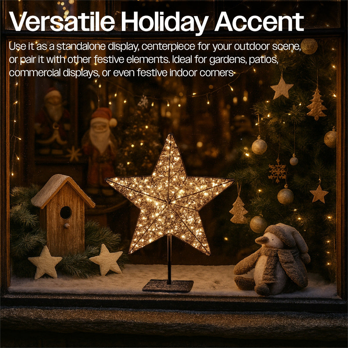 Xmas Haus Christmas Black Metal Star with Stand – Warm White LEDs, Available in 2 Sizes for Festive Decoration_Outdoor Christmas Decorations