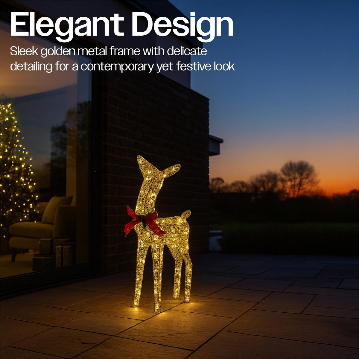Xmas Haus Christmas Festive Gold Rattan Deer – 74cm High with 250 Warm White LEDs. Festive Decoration_Christmas Figure