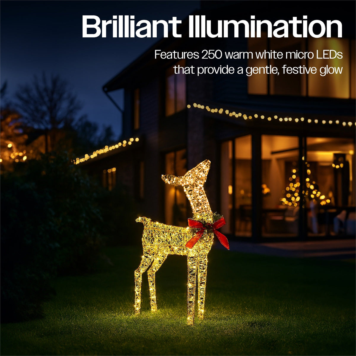 Xmas Haus Christmas Festive Gold Rattan Deer – 74cm High with 250 Warm White LEDs. Festive Decoration_Christmas Figure