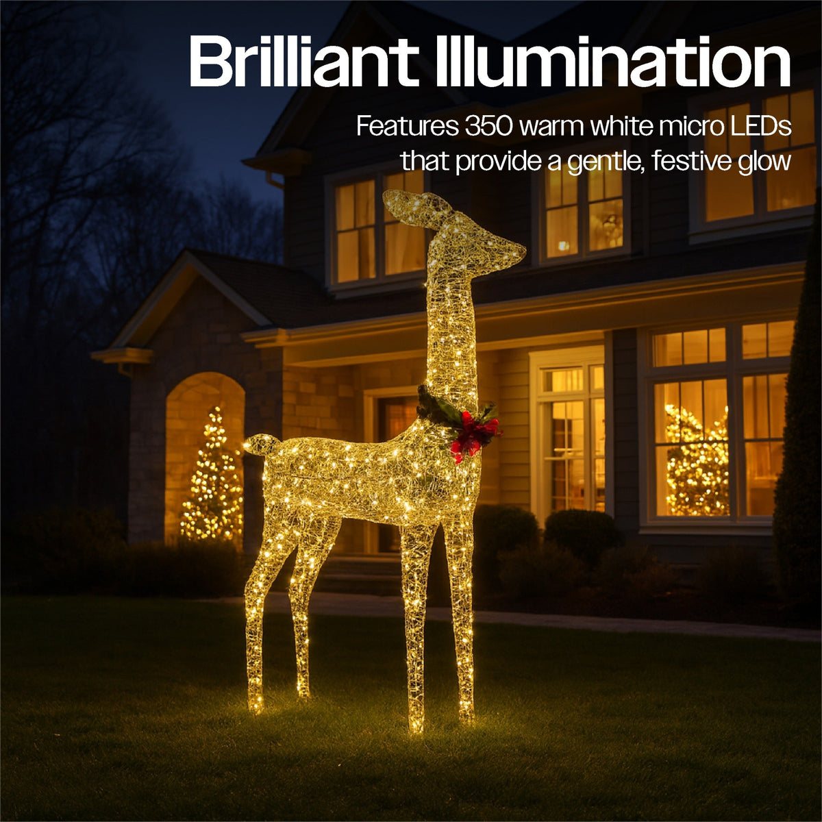 Xmas Haus Christmas Festive Gold Rattan Deer – 108cm High with 350 Warm White LEDs, Festive Decoration_Christmas Figure