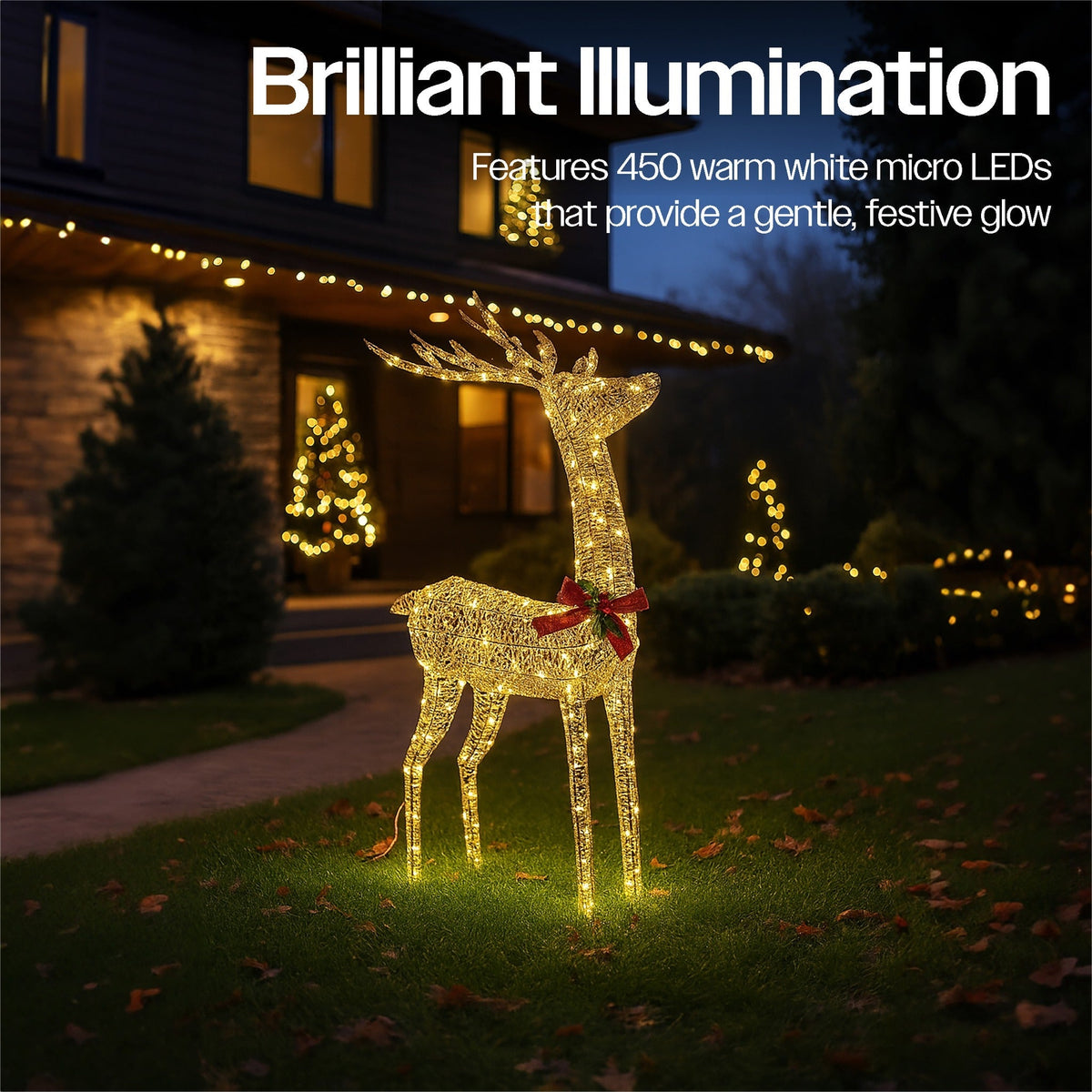 Xmas Haus Christmas Festive Gold Rattan Deer – 127cm High with 450 Warm White LEDs, Festive Decoration_Christmas Figure