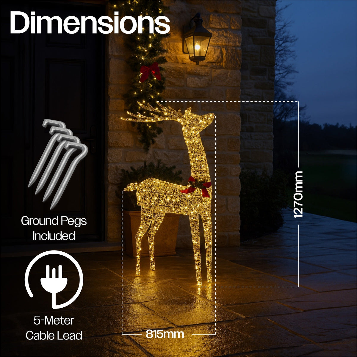Xmas Haus Christmas Festive Gold Rattan Deer – 127cm High with 450 Warm White LEDs, Festive Decoration_Christmas Figure