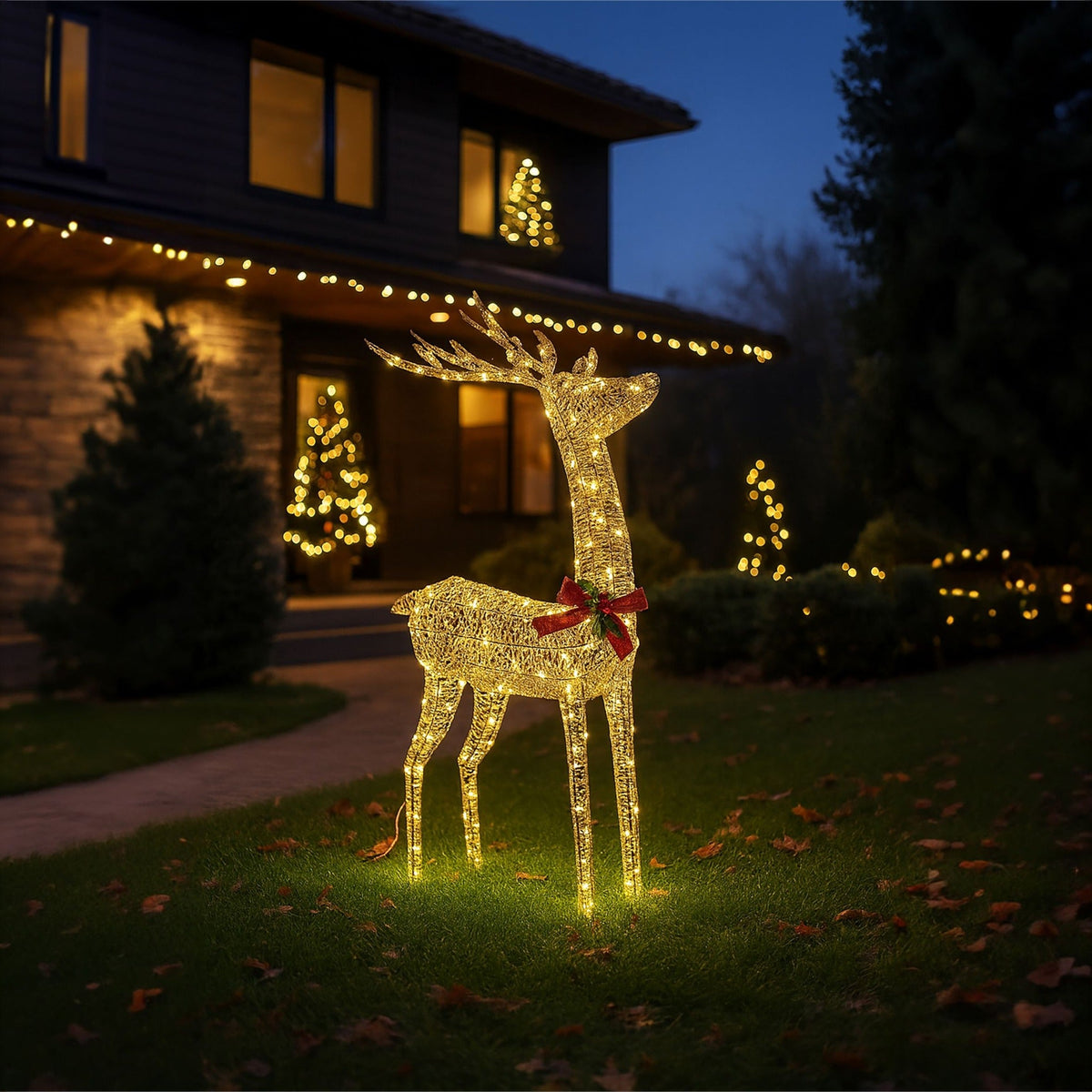 Xmas Haus Christmas Festive Gold Rattan Deer – 127cm High with 450 Warm White LEDs, Festive Decoration_Christmas Figure