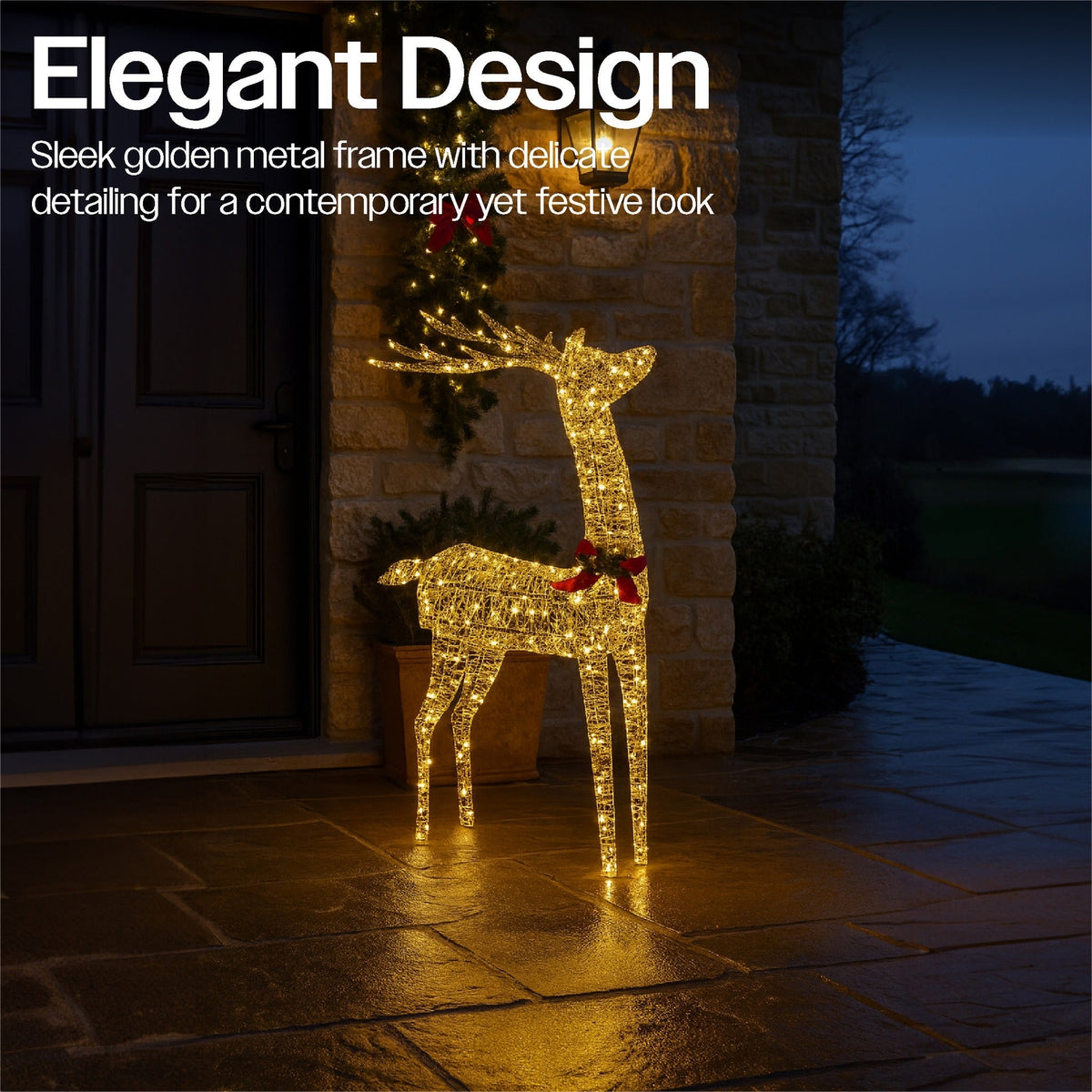 Xmas Haus Christmas Festive Gold Rattan Deer – 127cm High with 450 Warm White LEDs, Festive Decoration_Christmas Figure